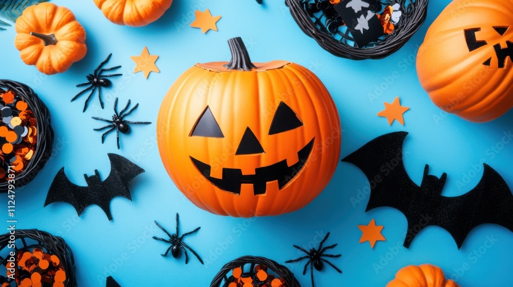 Top-down view of Halloween decorations including pumpkins, baskets, sequins, stars, spiders, and bat silhouettes on a pastel blue background with room for text Top-down view of Halloween decorations including pumpkins, baskets, sequins, stars, spiders, and bat silhouettes on a pastel blue background with room for text
