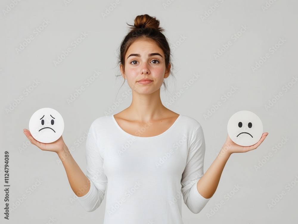 Decision Dilemma: Young woman contemplates, holding up sad and unhappy face icons, symbolizing a difficult choice or emotional struggle. Decision Dilemma: Young woman contemplates, holding up sad and unhappy face icons, symbolizing a difficult choice or emotional struggle.