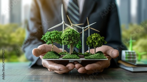 A businessman holds a miniature model featuring trees and wind turbines, symbolizing sustainability and eco-friendly practices. photo