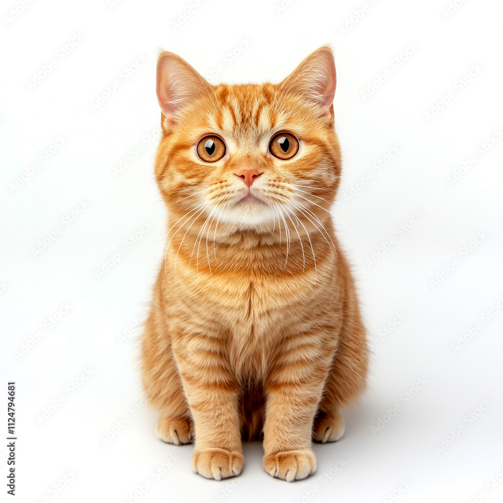 Isolated on white background, a cute ginger cat sits and stares at the camera . Isolated on white background, a cute ginger cat sits and stares at the camera .
