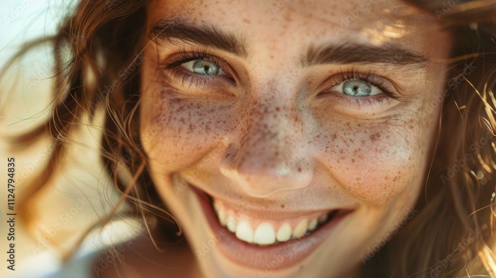 Smiling woman with freckles and bright blue eyes against a sunlit background. Smiling woman with freckles and bright blue eyes against a sunlit background.