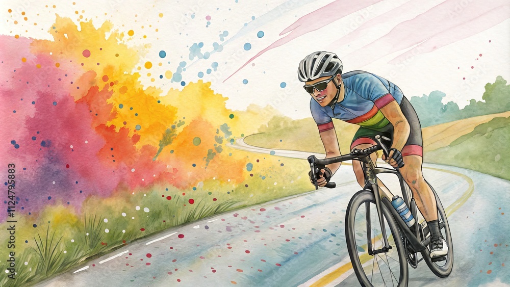 Fototapeta premium Watercolor Cyclist Dynamic Composition, Vibrant Colors, Exploding Energy, Road Cycling, Athlete Road Cycling, Watercolor Painting