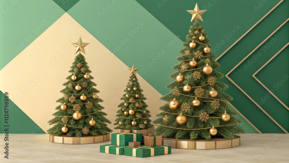 Three Gold and Green Christmas Trees Minimalist Design, Christmas Decor, Holiday Composition Christmas, Minimalism Three Gold and Green Christmas Trees Minimalist Design, Christmas Decor, Holiday Composition Christmas, Minimalism