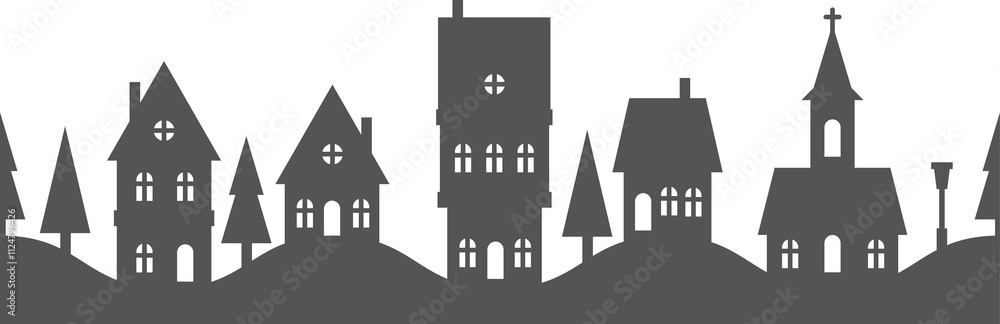 Obraz premium Silhouette of neighborhood houses. Small homes and buildings on skyline. Christmas town and village. Row of cottages on the street with fir trees and church. Seamless border