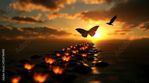 Aspiration for change and growth symbolized by a butterfly with the shadow of a bird flying representing transformation and success in an inspiring 3D illustration.