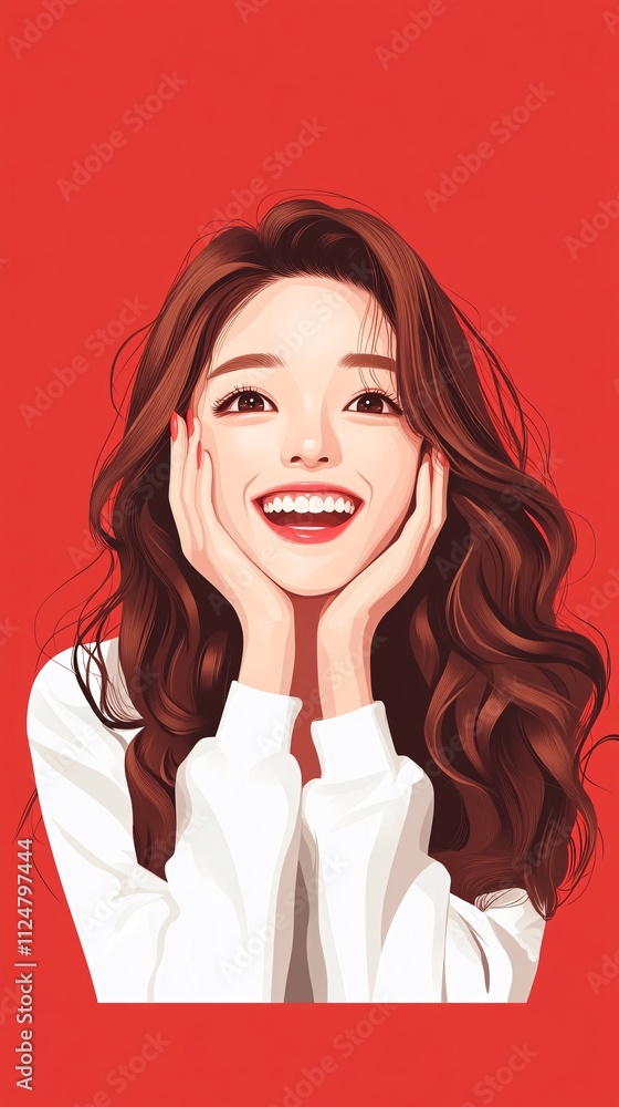 This is an illustration of a Asian woman smiling and having fun. The style should be cute and attractive, suitable for YouTube thumbnails. The woman is placed on the right edge of the image This is an illustration of a Asian woman smiling and having fun. The style should be cute and attractive, suitable for YouTube thumbnails. The woman is placed on the right edge of the image