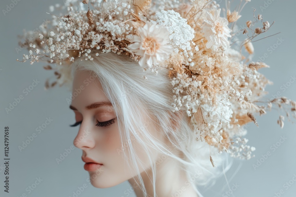 A woman with blonde hair wearing a flower crown A woman with blonde hair wearing a flower crown