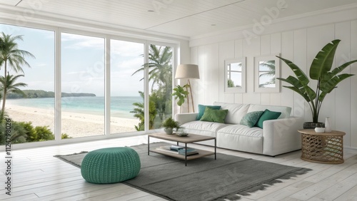 Fototapeta Naklejka Na Ścianę i Meble -  Coastal Living Room Design Beach View, White Walls, Green Accents, 3D Render, Interior Design beach house, coastal decor