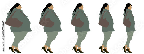 Conceptual fat overweight obese female vs slim fit healthy body after weight loss or diet on white background banner. A  fitness, nutrition or obesity, health shape illustration vector as silhouettes