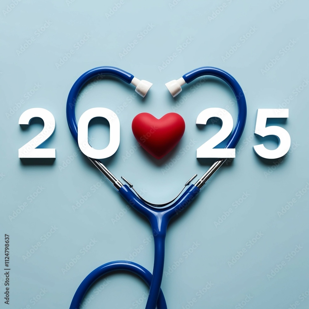 A minimalist and modern composition featuring a blue stethoscope arranged in a heart shape, with a red heart placed in the center. The year A minimalist and modern composition featuring a blue stethoscope arranged in a heart shape, with a red heart placed in the center. The year