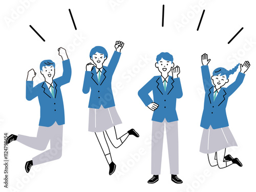 大喜びしてジャンプする男子学生・女子学生のイラスト