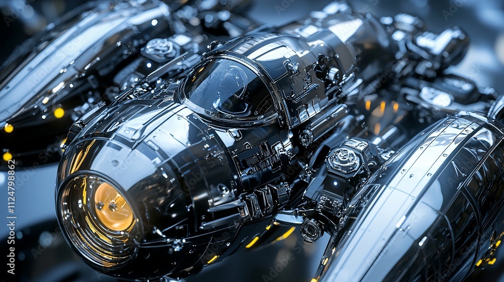Close-up of a futuristic chrome spaceship with intricate details and glowing engine. Close-up of a futuristic chrome spaceship with intricate details and glowing engine.