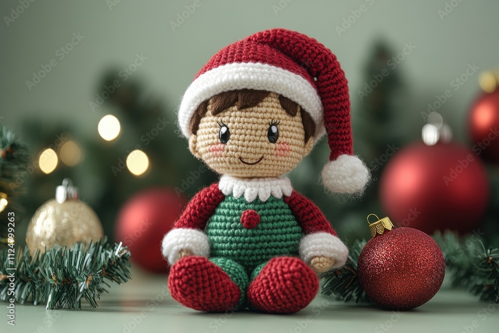 A festive crocheted elf doll wearing a red hat, surrounded by Christmas ornaments and greenery. A festive crocheted elf doll wearing a red hat, surrounded by Christmas ornaments and greenery.