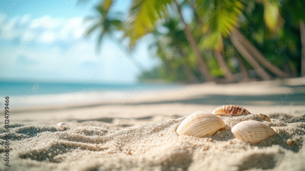 Focused sand and shells with blurred beach, tranquil and artistic design. Blurred view sandy beach palms Focused sand and shells with blurred beach, tranquil and artistic design. Blurred view sandy beach palms