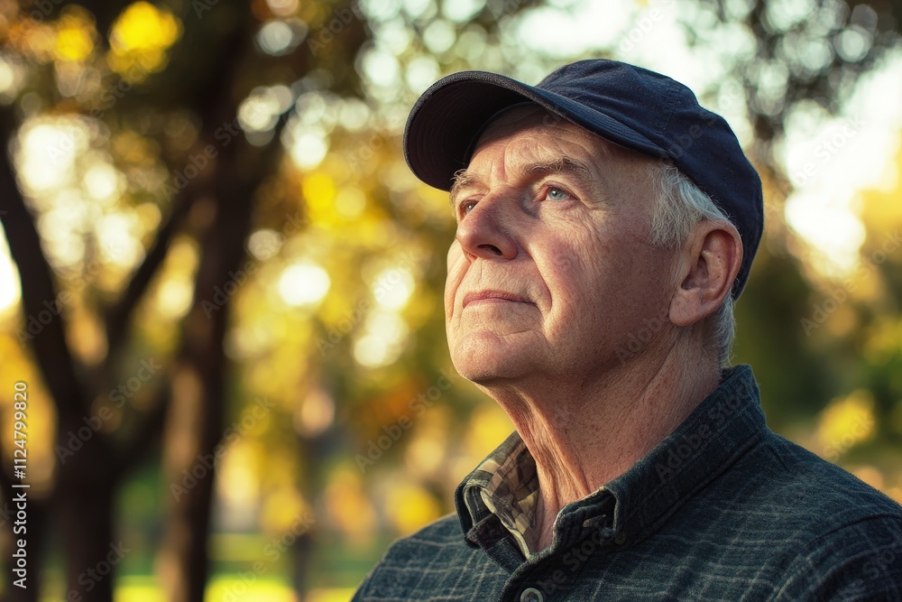Thoughtful Senior Man Gazing Upward in Natural Environment Surrounded by Trees Reflecting on Life and Nature's Beauty in Warm, Soft Lighting Thoughtful Senior Man Gazing Upward in Natural Environment Surrounded by Trees Reflecting on Life and Nature's Beauty in Warm, Soft Lighting