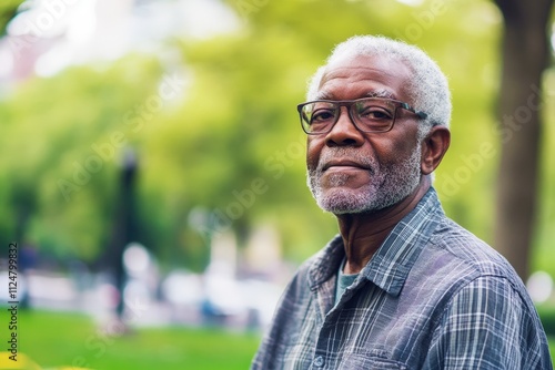 Thoughtful Senior Man in Grey Shirt Poses Outdoors Against Lush Green Background with Soft Focus and Natural Light
