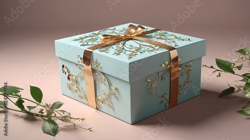 A fairy-tale inspired gift box with floral vines and glittering effects, 3D rendering. photo