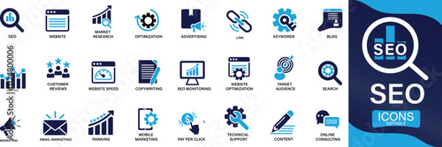 Seo icon set. business and marketing, traffic, ranking, optimization, link, keyword You can easily change the color.