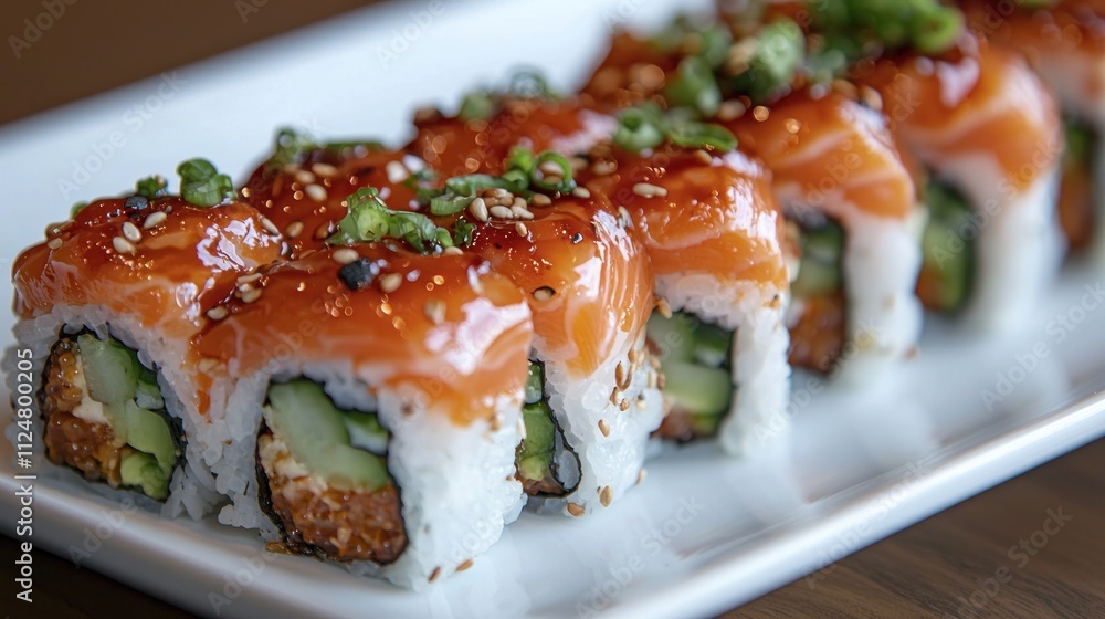 Delicious Salmon Sushi Rolls with Sesame Seeds and Green Onions Delicious Salmon Sushi Rolls with Sesame Seeds and Green Onions