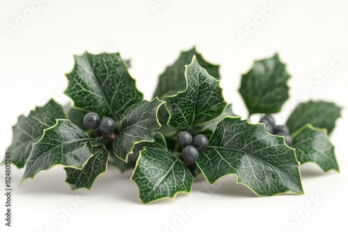 A cluster of holly leaves with dark berries, symbolizing winter and holiday decorations. photo