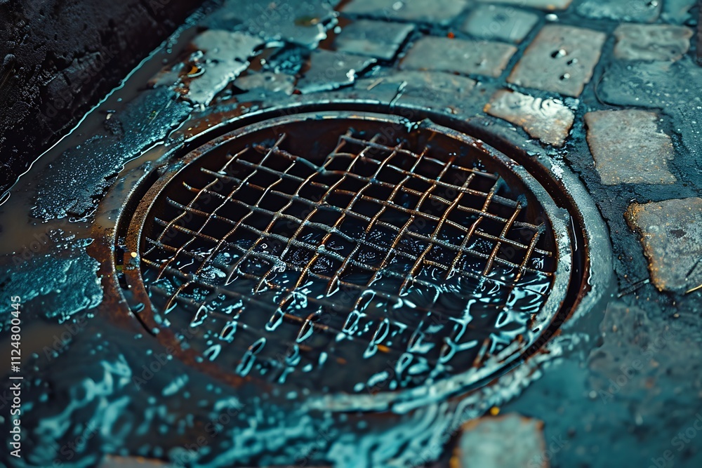 A sewer manhole with water droplets A sewer manhole with water droplets