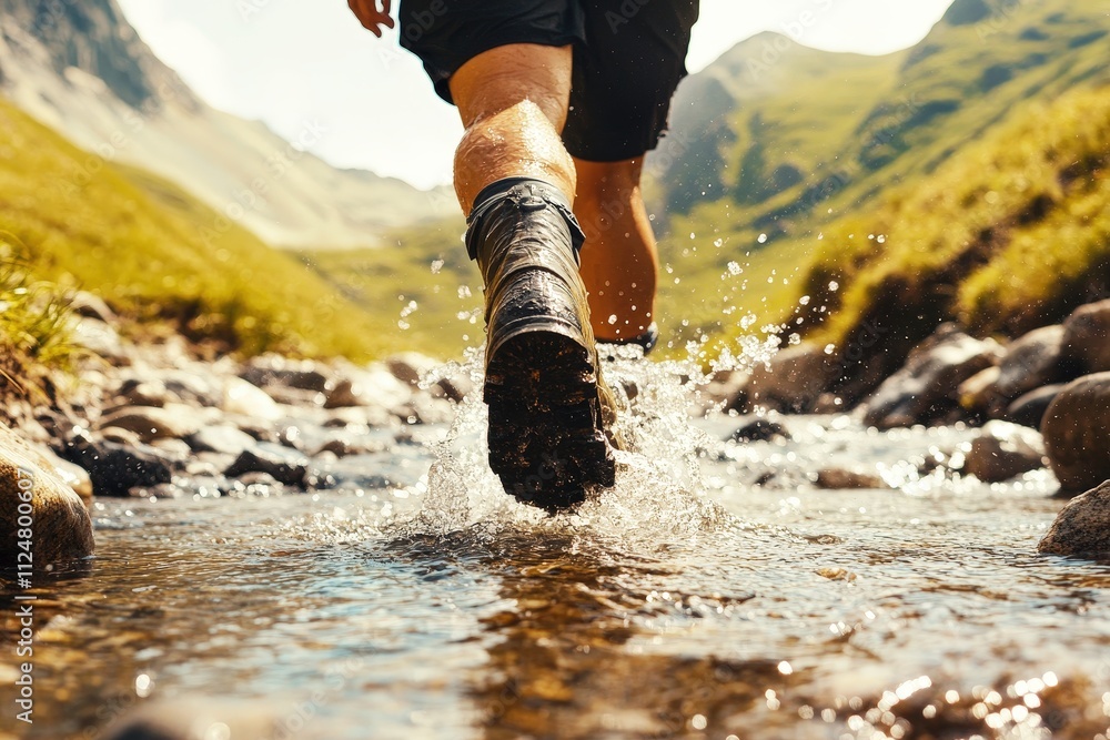 Active Hiker Splashing Through Shallow Stream with Boots in Mountain Landscape on Bright Sunny Day Active Hiker Splashing Through Shallow Stream with Boots in Mountain Landscape on Bright Sunny Day