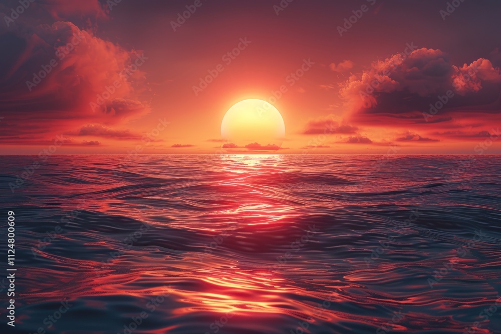 Red sunset over the sea, large sun in center Red sunset over the sea, large sun in center