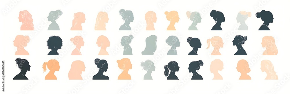 Minimalist vector art of the silhouette of many women's faces in soft pastel colors, womens day concept Minimalist vector art of the silhouette of many women's faces in soft pastel colors, womens day concept