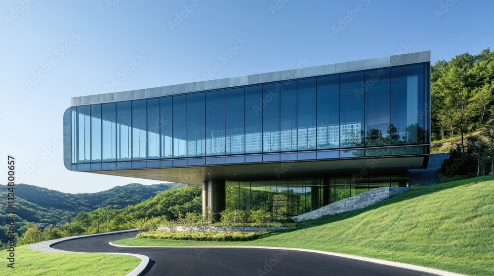 Modern glass building on hillside with curved driveway. Modern glass building on hillside with curved driveway.