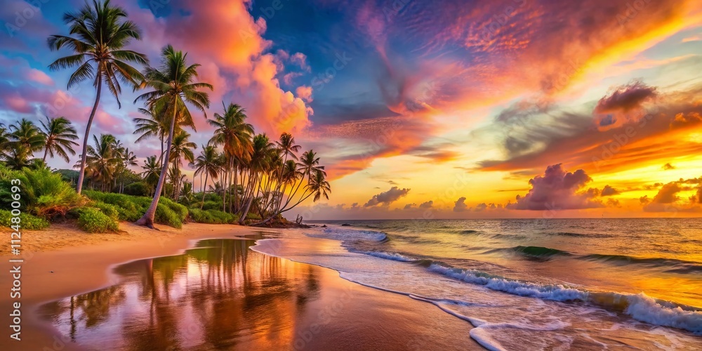 Breathtaking Panoramic View of a Serene Beach at Sunset with Gentle Waves, Colorful Skies, and Soft Sand Inviting Relaxation and Serenity in Nature's Embrace Breathtaking Panoramic View of a Serene Beach at Sunset with Gentle Waves, Colorful Skies, and Soft Sand Inviting Relaxation and Serenity in Nature's Embrace