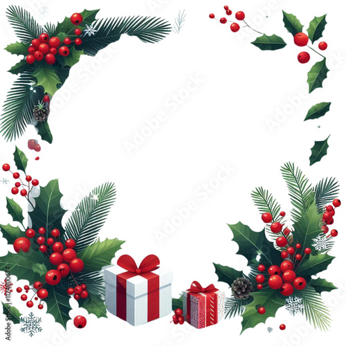 Elegant Christmas Border with Green Fir Branches, Holly, and Red Berries – PNG Transparent Background for Festive Designs