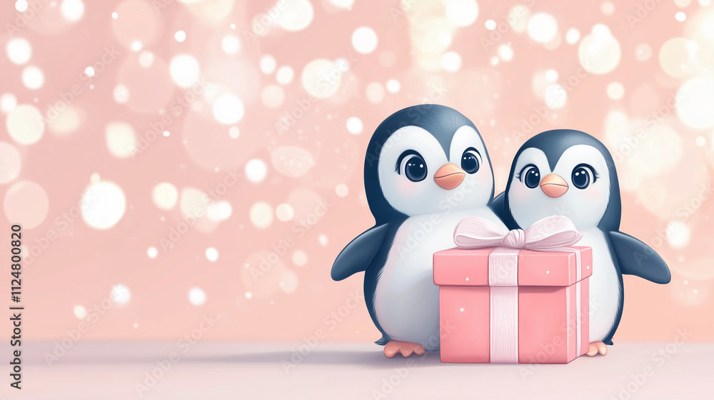 Obraz premium Happy Valentine's Day greeting card - two penguins with a pink gift box wrapped with a pink ribbon on pastel background