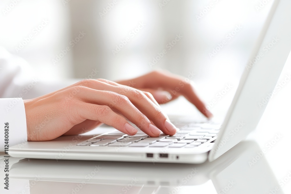 Hands Typing on a Clean White Laptop Keyboard with Natural Light in a Bright Office Environment Hands Typing on a Clean White Laptop Keyboard with Natural Light in a Bright Office Environment