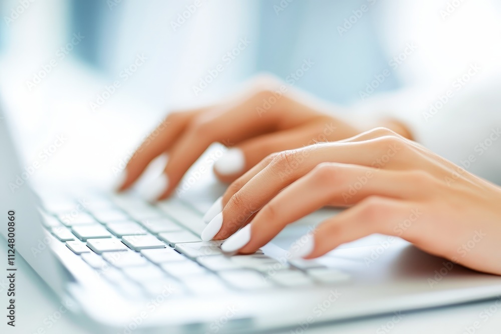 Close-Up of Elegant Female Hands Typing on Laptop Keyboard with White Nails in Bright Modern Office Environment Close-Up of Elegant Female Hands Typing on Laptop Keyboard with White Nails in Bright Modern Office Environment