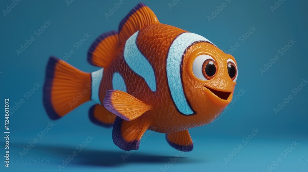 Naklejka premium A charming 3D clownfish with soft fins and big, expressive eyes, perfect for huggable toy designs