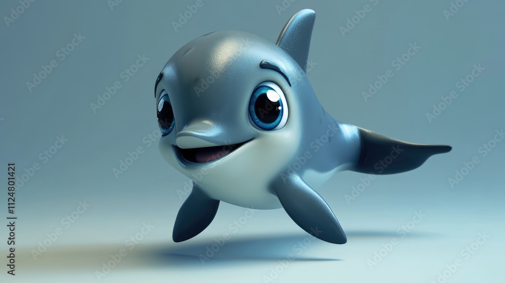 Fototapeta premium A cute 3D cartoon dolphin with big eyes and a playful smile, ideal for a lovable plush toy design