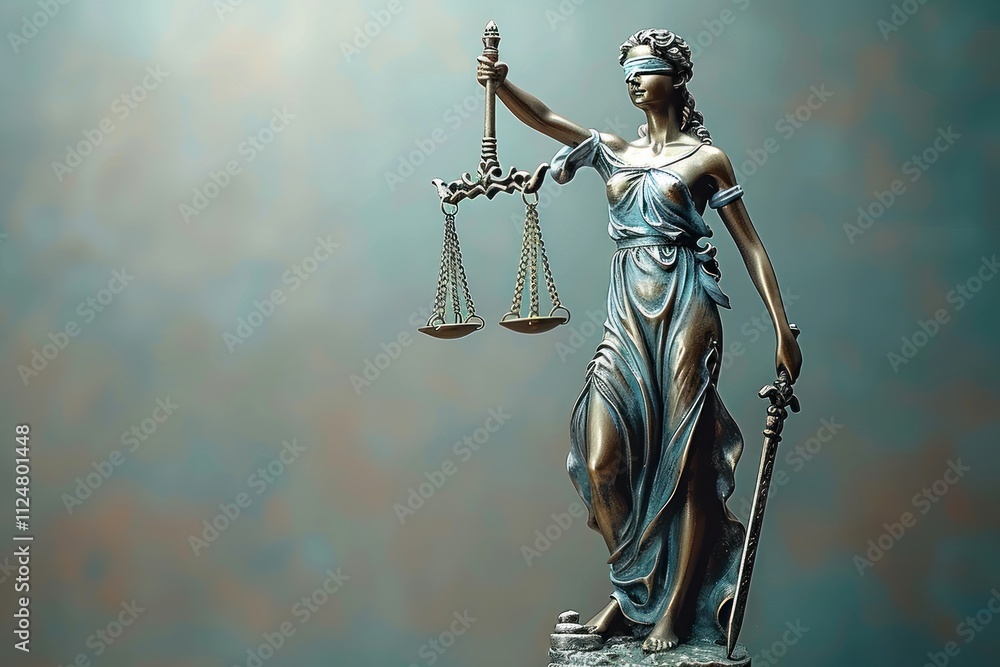 Scales of justice held by the statue of lady Justice isolated on grey background Scales of justice held by the statue of lady Justice isolated on grey background
