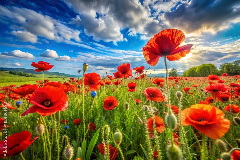 Obraz premium Breathtaking Panoramic View of Vibrant Red Poppy Flowers with Seed Heads in a Sunlit Meadow, Showcasing Nature's Beauty and Colorful Blooms for Stock Photography Enthusiasts