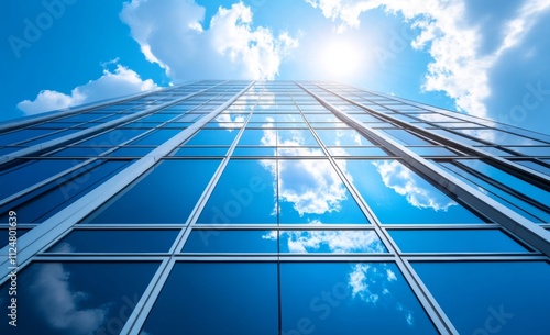 A tall building with a lot of windows and a blue sky in the background