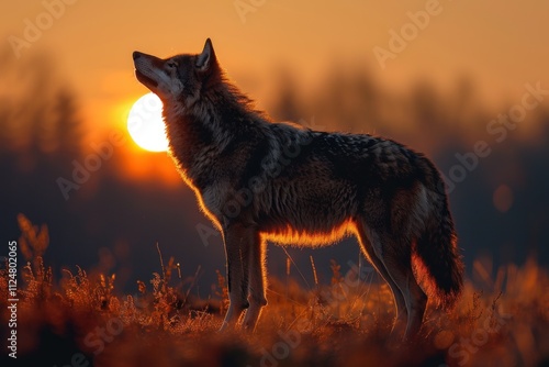 Silhouette of howling wolf against orange sky photo