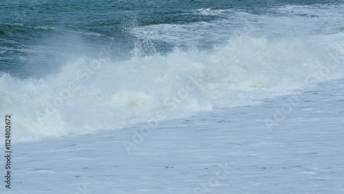 Amazing Water Background At Storm. Big Splash Sea Wave. Dangerous On Beach. Real time. photo