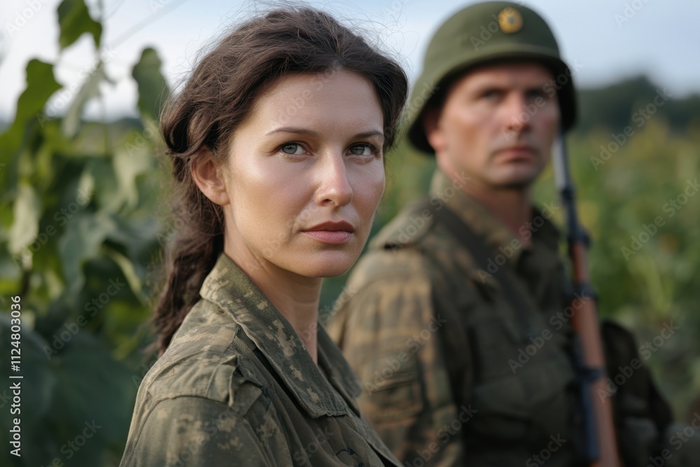 Soldier and companion in uniform observing the landscape during an outdoor mission Soldier and companion in uniform observing the landscape during an outdoor mission
