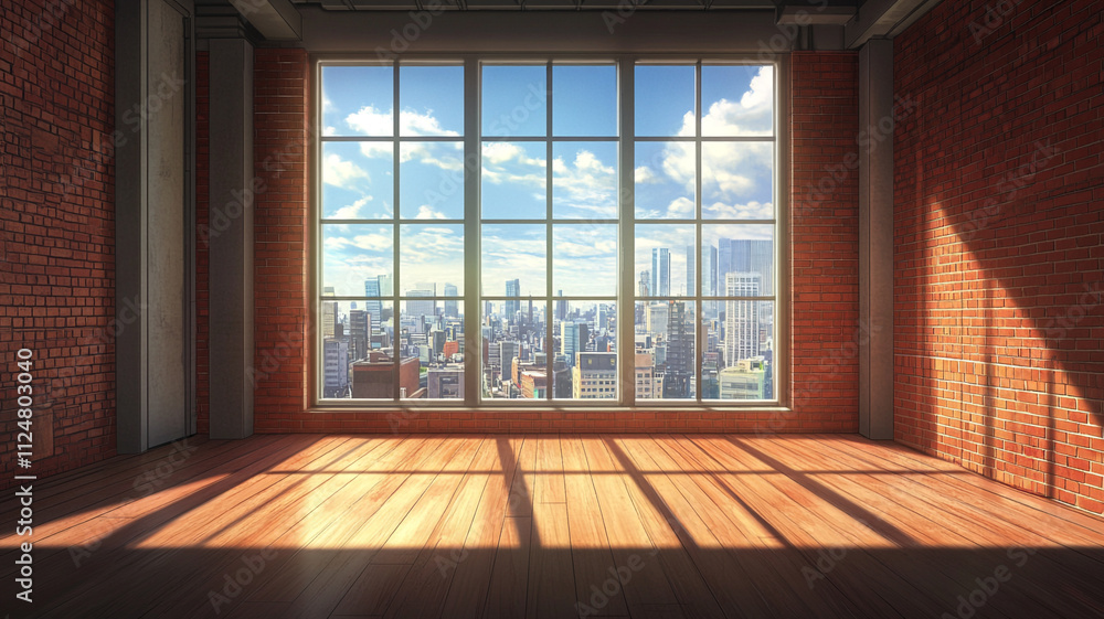 empty room with a wooden floor and red brick wall empty room with a wooden floor and red brick wall