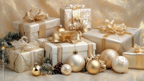 Stylish Christmas presents with gold ribbons and luxury ornaments on a soft beige background, evoking a festive, elegant holiday spirit