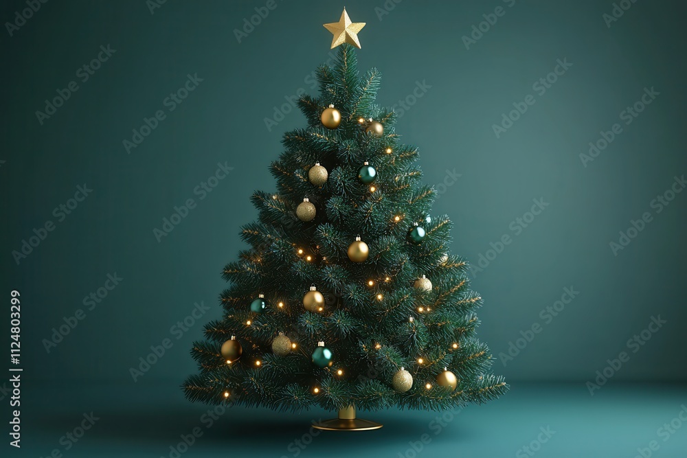 A beautifully decorated Christmas tree with lights and ornaments against a teal background. A beautifully decorated Christmas tree with lights and ornaments against a teal background.