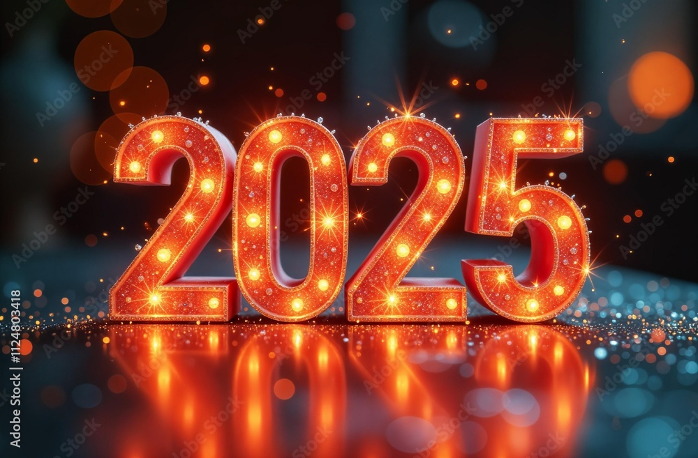 Bright sparkling red numbers 2025 on shiny smooth blue surface, festive New Year card, glare and bokeh, glitter Bright sparkling red numbers 2025 on shiny smooth blue surface, festive New Year card, glare and bokeh, glitter