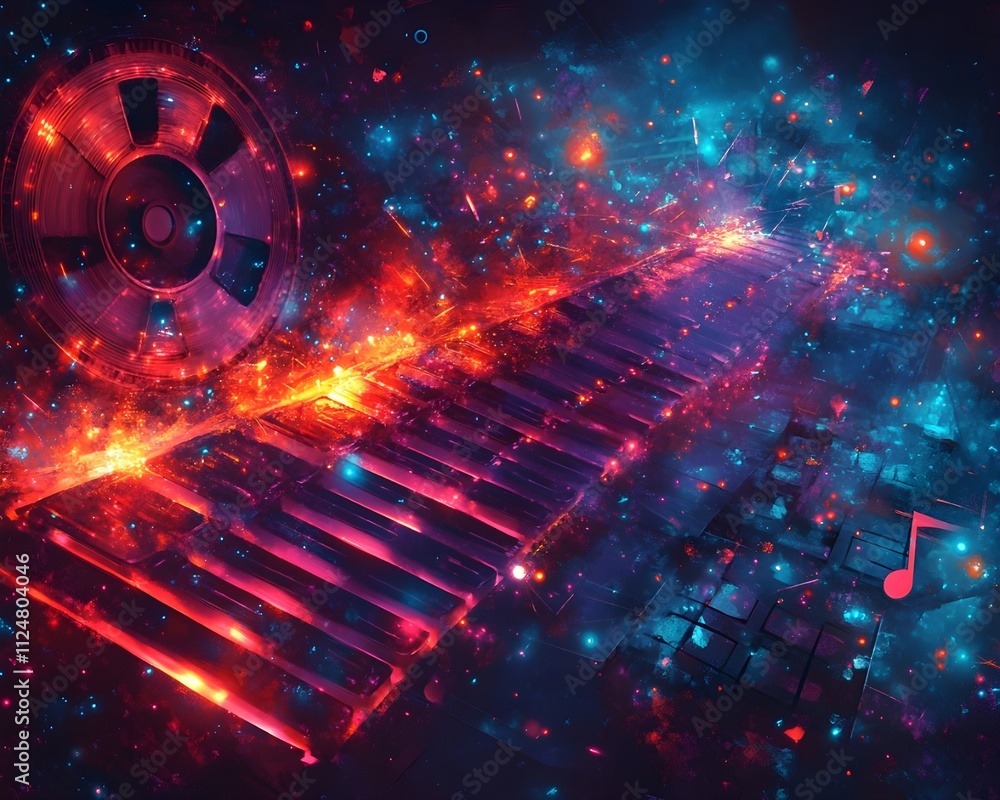 realms abstraction design featuring a glowing keyboard, a film reel unraveling into music notes, and digital particles floating on a bright teal background. realms abstraction design featuring a glowing keyboard, a film reel unraveling into music notes, and digital particles floating on a bright teal background.