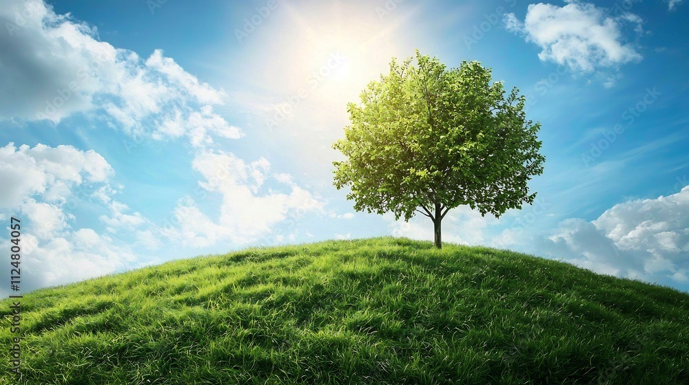 Serene Landscape of Lush Green Hill with Flourishing Tree Under Radiant Sunlight and Tranquil Sky Serene Landscape of Lush Green Hill with Flourishing Tree Under Radiant Sunlight and Tranquil Sky