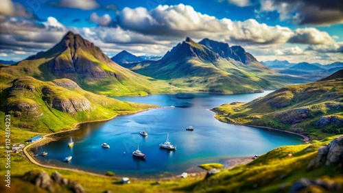 Breathtaking Tilt-Shift Photography of Isle of Skye's Sgurr Na Stri Peak Overlooking Loch Na Cuilce with Gars Bheinn and Boats in a Dreamy Landscape photo