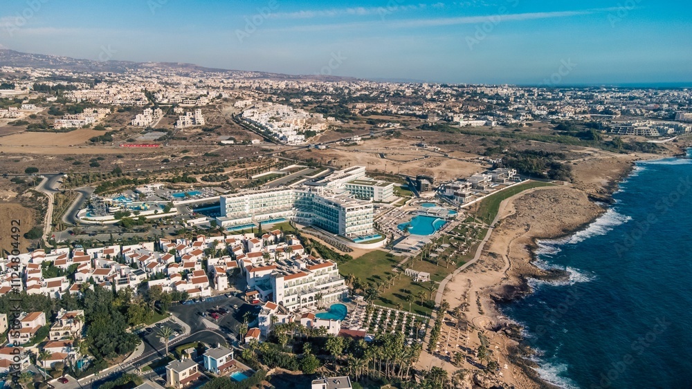 Obraz premium Aerial view of coastal resort town in Paphos, Cyprus.